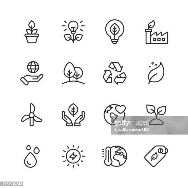 ecology and environment line icons. editable stroke. pixel perfect. for mobile and web. contains such icons as leaf, ecology, environment, lightbulb, forest, green energy, agriculture. - light natural phenomenon stock illustrations