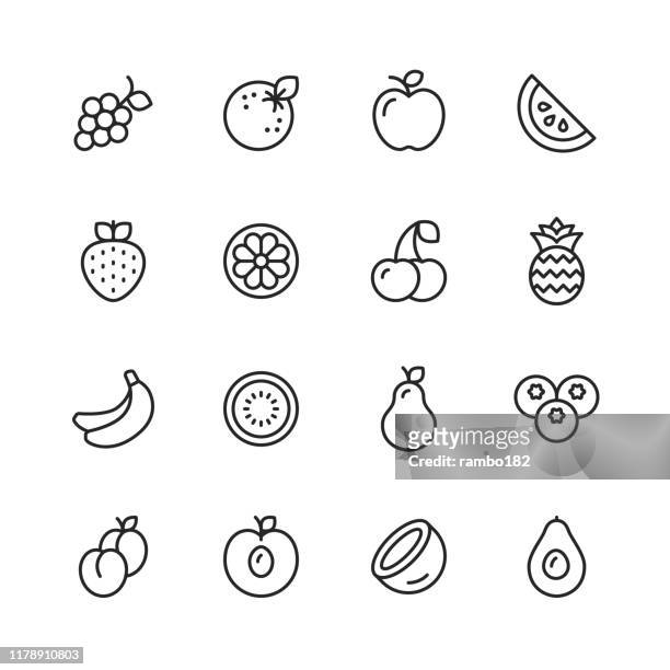 bildbanksillustrationer, clip art samt tecknat material och ikoner med frukt linje ikoner. redigerbar stroke. pixel perfekt. för mobil och webb. innehåller sådana ikoner som vattenmelon, apelsin, banan, päron, ananas, vindruvor, äpple. - mogen