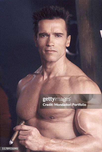 Austrian-born American actor Arnold Schwarzenegger on the set of the film Red Heat. 1988