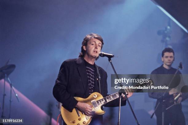British singer-songwriter and musician Paul McCartney performing at the 38th Sanremo Music Festival. 1988