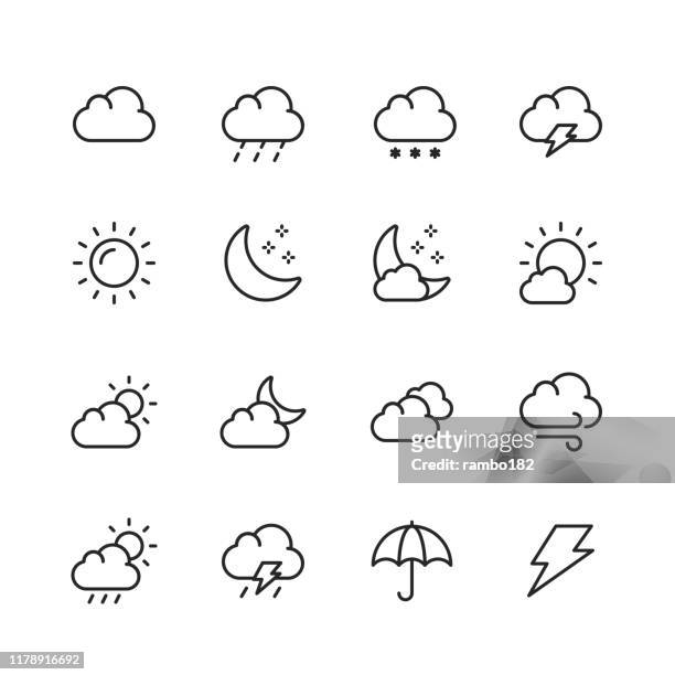 wetterlinie icons. bearbeitbarer strich. pixel perfekt. für mobile und web. enthält symbole wie wetter, sonne, wolke, regen, schnee, temperatur, klima, mond, wind. - sonnig stock-grafiken, -clipart, -cartoons und -symbole