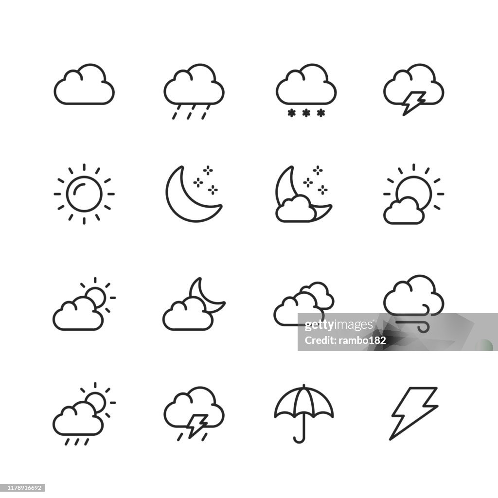Iconos de la línea meteorológica. Trazo editable. Píxel perfecto. Para móviles y web. Contiene iconos como Tiempo, Sol, Nube, Lluvia, Nieve, Temperatura, Clima, Luna, Viento.