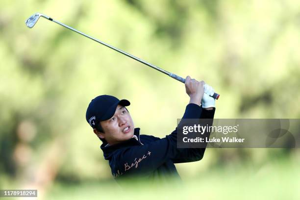 Jeunghun Wang of South Korea tees off on the eleventh during Day Two of the Open de Espana at Club de Campo Villa de Madrid on October 04, 2019 in...