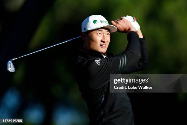 Haotong Li of China tees off on the eleventh during Day Two of the Open de Espana at Club de Campo Villa de Madrid on October 04, 2019 in Madrid,...