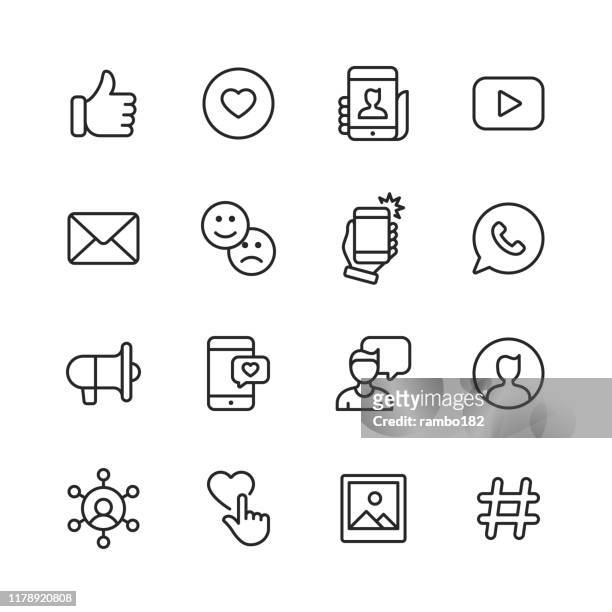 social media line icons. bearbeitbarer strich. pixel perfekt. für mobile und web. enthält symbole wie like button, thumb up, selfie, fotografie, sprecher, werbung, online-messaging. - social media symbol stock-grafiken, -clipart, -cartoons und -symbole
