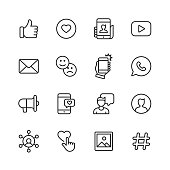 Social Media Line Icons. Editable Stroke. Pixel Perfect. For Mobile and Web. Contains such icons as Like Button, Thumb Up, Selfie, Photography, Speaker, Advertising, Online Messaging.