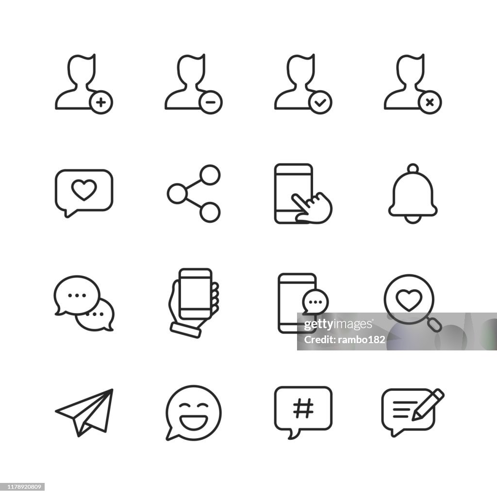 Iconos de línea de redes sociales. Trazo editable. Píxel perfecto. Para móviles y web. Contiene iconos como Hashtag, Social Media, Perfil de usuario, Notificación, Botón Me gusta, Mensajería en línea.