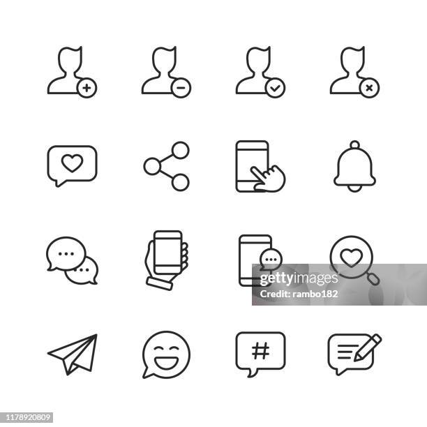 ilustrações de stock, clip art, desenhos animados e ícones de social media line icons. editable stroke. pixel perfect. for mobile and web. contains such icons as hashtag, social media, user profile, notification, like button, online messaging. - dividir