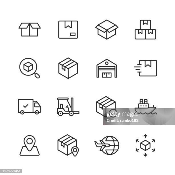 ilustraciones, imágenes clip art, dibujos animados e iconos de stock de iconos de la línea de logística y entrega. trazo editable. píxel perfecto. para móviles y web. contiene iconos tales como entrega, envío, caja, garaje, distribución, yate, seguimiento de ubicación, camión. - tracker-icon-vector