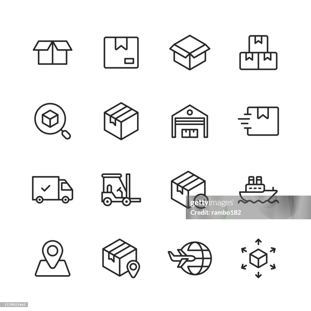 Icônes de la logistique et de la ligne de livraison. Accident vasculaire cérébral modifiable. Pixel Parfait. Pour Mobile et Web. Contient des icônes telles que livraison, expédition, boîte, garage, distribution, yacht, localisation, camion.