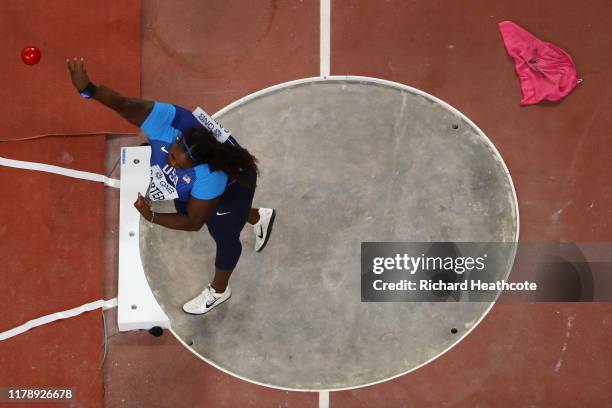 Michelle Carter of the United States competes in the Women's Shot Put final during day seven of 17th IAAF World Athletics Championships Doha 2019 at...