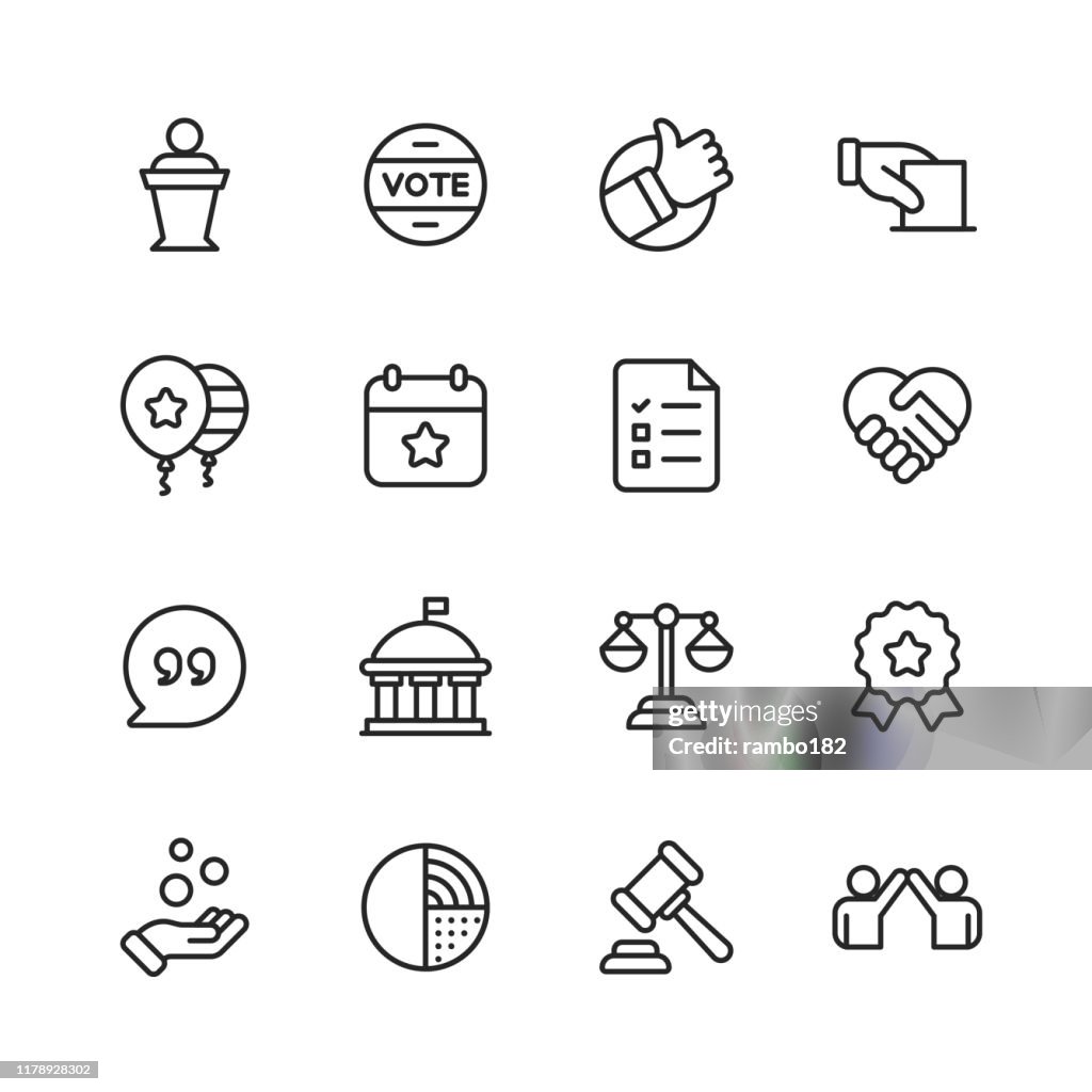 Politics Line Icons. Editable Stroke. Pixel Perfect. For Mobile and Web. Contains such icons as Voting, Campaign, Candidate, President, Handshake, Law, Donation, Government, Congress.