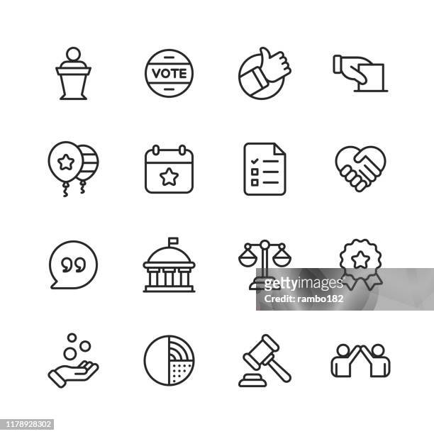 politics line icons. editable stroke. pixel perfect. for mobile and web. contains such icons as voting, campaign, candidate, president, handshake, law, donation, government, congress. - politics stock illustrations