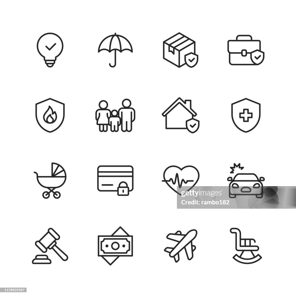 Insurance Line Icons. Editable Stroke. Pixel Perfect. For Mobile and Web. Contains such icons as Insurance, Agent, Shipping, Family, Credit Card, Health Insurance, Savings, Accident.