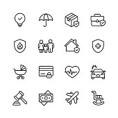 Insurance Line Icons. Editable Stroke. Pixel Perfect. For Mobile and Web. Contains such icons as Insurance, Agent, Shipping, Family, Credit Card, Health Insurance, Savings, Accident.