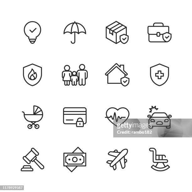 insurance line icons. editable stroke. pixel perfect. for mobile and web. contains such icons as insurance, agent, shipping, family, credit card, health insurance, savings, accident. - protection stock illustrations