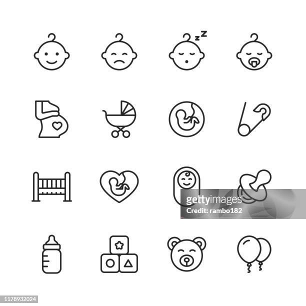 baby-linie-symbole. bearbeitbarer strich. pixel perfekt. für mobile und web. enthält symbole wie baby, kinderwagen, schwangerschaft, milch, geburt, zitzen, elternschaft. - toy rattle stock-grafiken, -clipart, -cartoons und -symbole