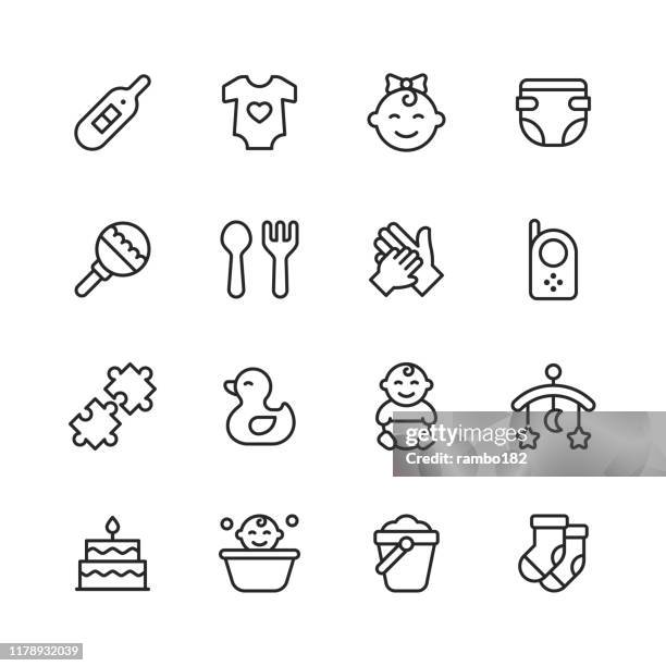 ilustraciones, imágenes clip art, dibujos animados e iconos de stock de iconos de la línea del bebé. trazo editable. píxel perfecto. para móviles y web. contiene iconos como bebé, cochecito, embarazo, leche, parto, tetina, crianza. - diaper