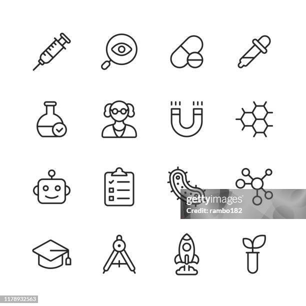 wissenschaft linie icons. bearbeitbarer strich. pixel perfekt. für mobile und web. enthält symboleweise planet, astronomie, maschinelles lernen, künstliche intelligenz, chemie, biologie, medizin, bildung, wissenschaftler. - magnet stock-grafiken, -clipart, -cartoons und -symbole