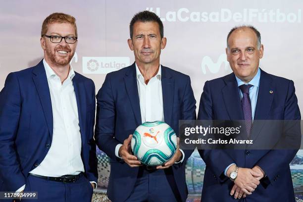 Movistar President Sergio Osle , Carlos Martinez and La Liga President Javier Tebas attend La Liga and Movistar agreement presentation at Movistar...