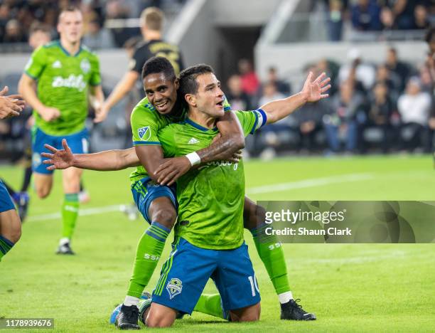 Nicolas Lodeiro of Seattle Sounders celebrates his first half goal during the MLS Western Conference Final between Los Angeles FC and Seattle...