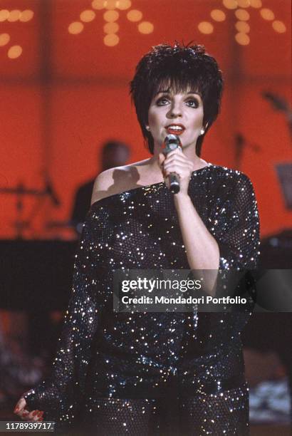 American actress and singer Minnelli, guest star of the TV variey show Fantastico 8. Italy, 1987
