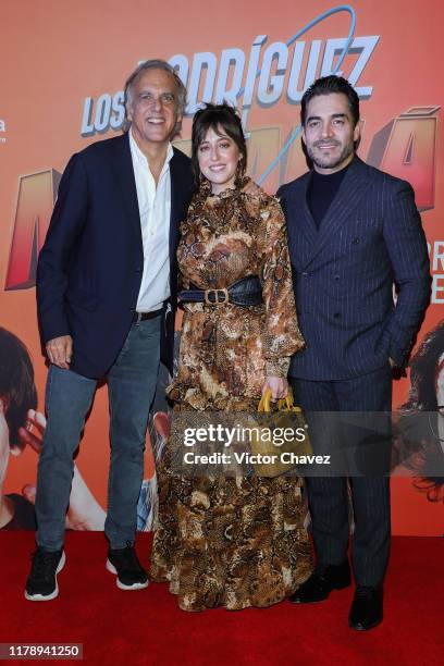 Film director Paco Arango, Mariana Trevino and Omar Chaparro attend the red carpet of the film "Los Rodriguez y El Mas Alla' at Cinepolis Carso on...