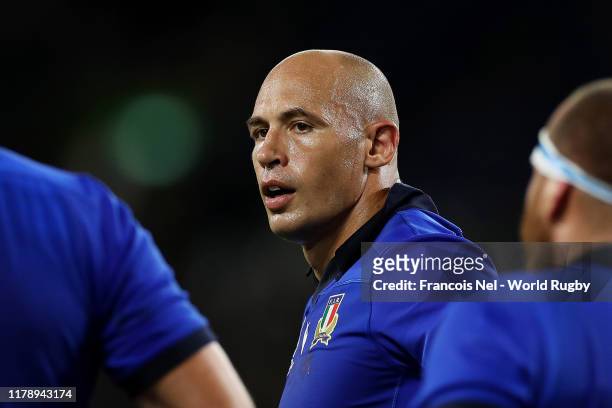 Sergio Parisse of Italy looks on during the Rugby World Cup 2019 Group B game between South Africa v Italy at Shizuoka Stadium Ecopa on October 04,...