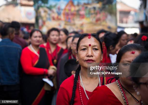 Members of the Nepali ethnic Newar community march during the celebration. Newar community in Nepal observes Newari New Year or Nepal Sambat 1140....