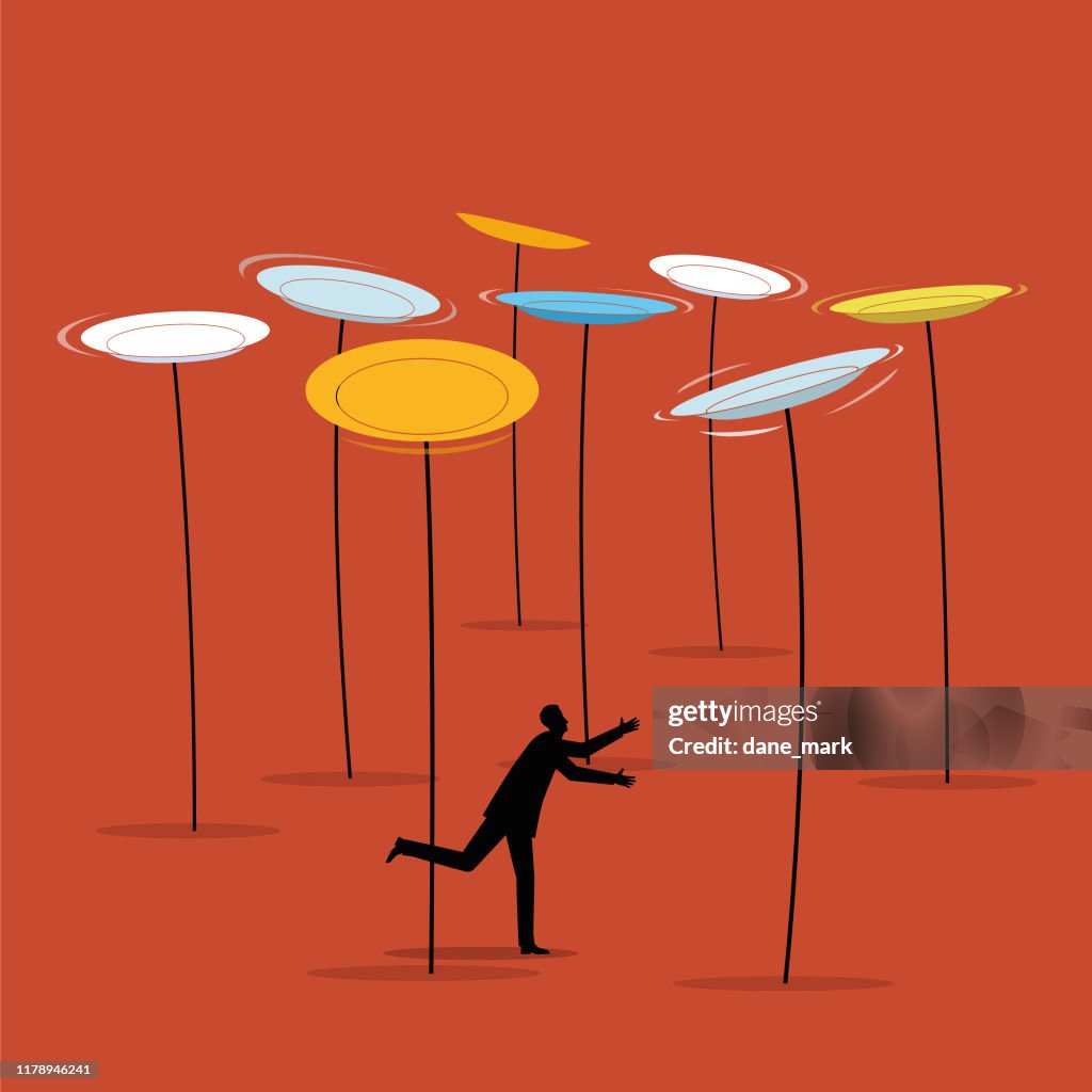 Illustration of a man trying to keep a number of plates spinning