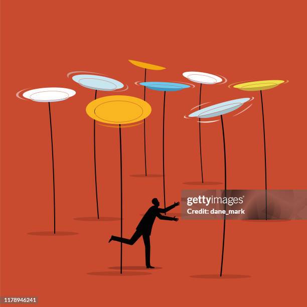 illustration of a man trying to keep a number of plates spinning - conquering adversity stock illustrations