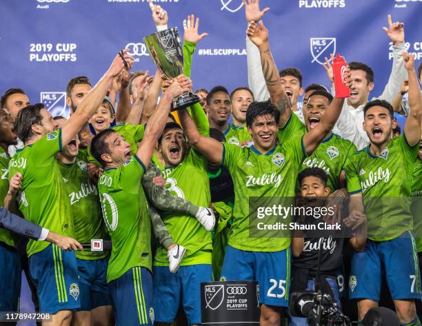 Seattle Sounders celebrates the MLS Western Conference Final between Los Angeles FC and Seattle Sounders at the Banc of California Stadium on October...