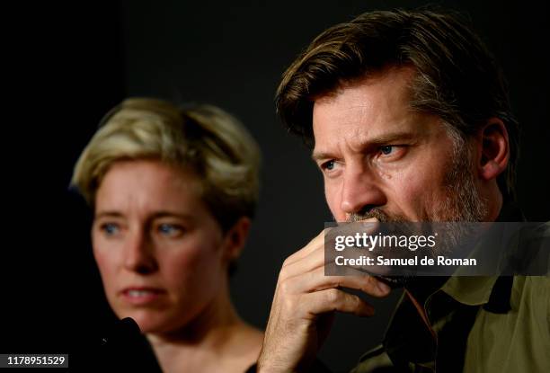 Danish actor Nikolaj Coster-Waldau and producer Eva Jakobsen attend during press conference at Sitges Film Festival 2019 on October 04, 2019 in...