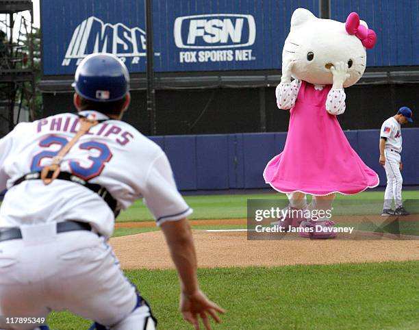 Jason Phillips and Hello Kitty during Hello Kitty Celebrates 30th Anniversary at NY Mets' Shea Stadium on Hello Kitty Day at Shea Stadium in...