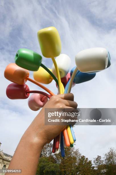 Creation entitled "Tulips bouquet" by U.S. Artist, Jeff Koons is displayed next to the "Petit Palais" on October 04 in Paris, France. "Bouquet of...