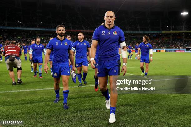 Sergio Parisse of Italy looks dejected following his sides defeat in the Rugby World Cup 2019 Group B game between South Africa v Italy at Shizuoka...