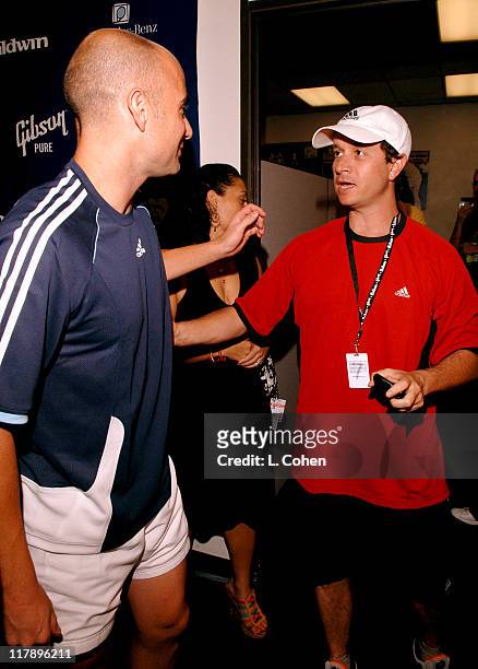 Andre Agassi and Pauly Shore during Gibson/Baldwin Presents "Night at the Net" To Benefit MusiCares Foundation - Green Room at UCLA in Los Angeles,...