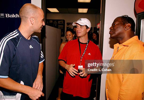 Andre Agassi, Pauly Shore and Randy Jackson during Gibson/Baldwin Presents "Night at the Net" To Benefit MusiCares Foundation - Green Room at UCLA in...