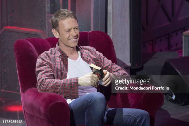 Italian tv-host and actor Rocco Siffredi on stage during the Saturday Night Live show recording. Milan, April 11th 2018