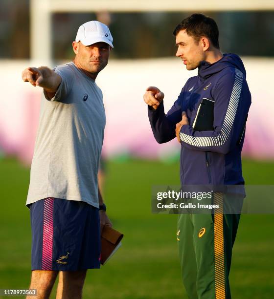 Jacques Nienaber of South Africa with Felix Jones of South Africa during the South African national rugby team training session at Arcs Urayasu Park...