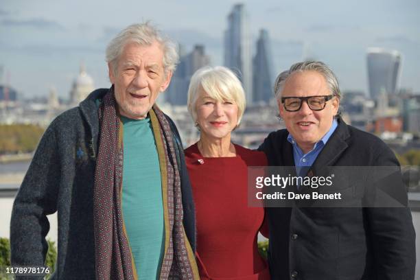 Sir Ian McKellen, Dame Helen Mirren and Director Bill Condon pose at a photocall for "The Good Liar" at The Corinthia Hotel London on October 30,...