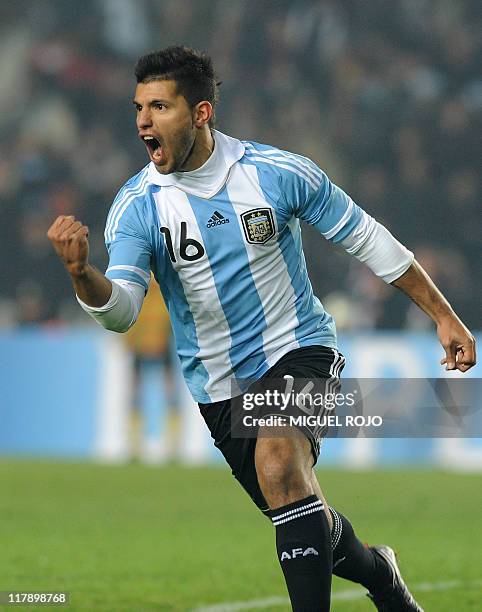 Argentine forward Sergio Aguero celebrates his goal during a 2011 Copa America Group A first round football match against Bolivia held at the Ciudad...