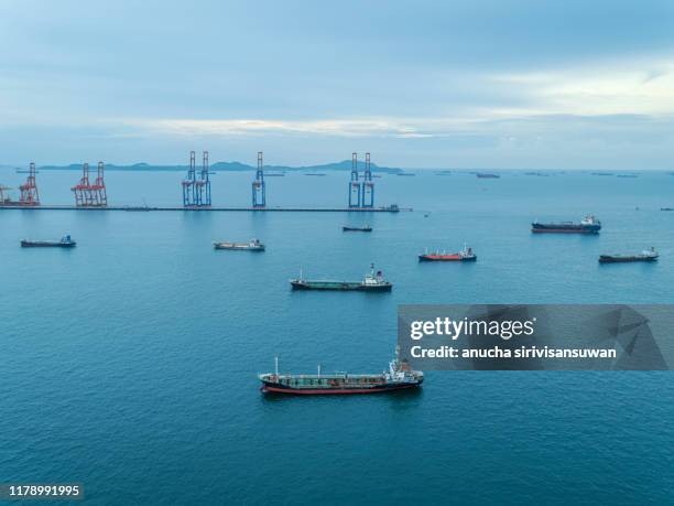 aerial top view oil tankers park at oil port. - tanker ship stock pictures, royalty-free photos & images