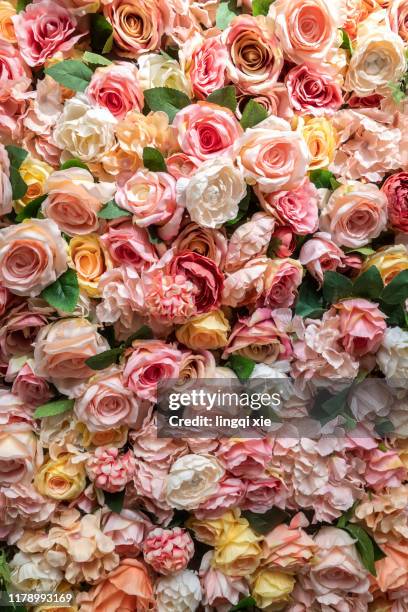 flower wall made of plastic flowers - flower wall stock pictures, royalty-free photos & images