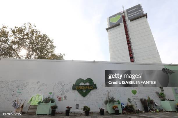 Grenfell tower is covered in a safety tarpaulin in west London on October 30, 2019. The emergency response to a 2017 high-rise fire that killed 71...