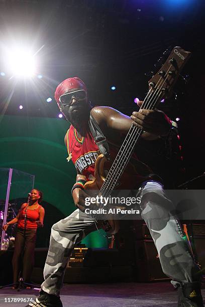 Bassist Amiak Tafari and Steel Pulse performs as part of Celebrate Brooklyn at the Prospect Park Bandshell on July 1, 2011 in the Brooklyn borough of...