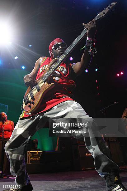 Bassist Amiak Tafari and Steel Pulse performs as part of Celebrate Brooklyn at the Prospect Park Bandshell on July 1, 2011 in the Brooklyn borough of...