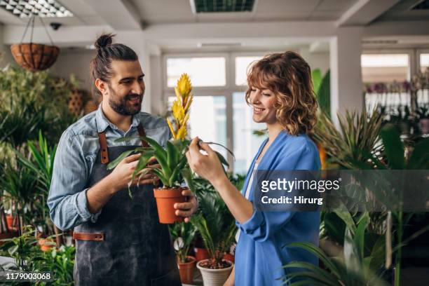 young woman talking with male florist at the flower shop - florest stock pictures, royalty-free photos & images