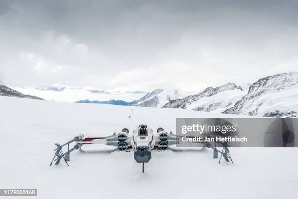 Star Wars X-Wing Starfighter is seen at the Jungfraujoch 'Top of Europe' in Switzerland at the "Triple Force Friday" on October 04 near Grindelwald,...