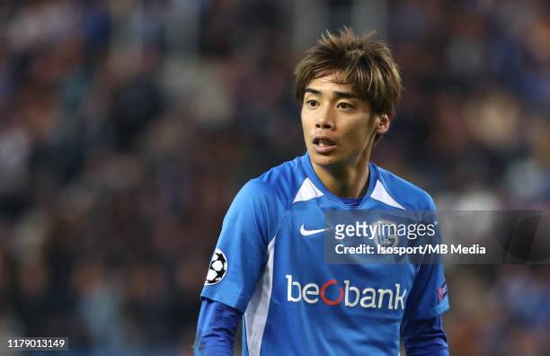 Junya Ito of Krc Genk looks on during the UEFA Champions League group E match between KRC Genk and SSC Napoli at Luminus Arena on October 2, 2019 in...